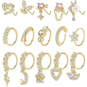 15PCS 20G 316L Stainless Steel Dangle Nose Rings Hoop for Women L Shape Nose Stud CZ Heart Flower Butterfly Nose Rings Piercing Jewelry