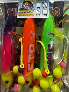 Los Chunkys, FTP, and Wabamm 3 Pack: Los Chunkys (13cm) on 6/0 yellow fluorescent hook, FTP (13cm) on 8/0 yellow fluorescent hook, Wabamm (13cm) on 6/0 white glow hook, all on 100 pound yellow mono leader lines