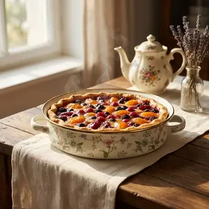 Floral Enamel Baking Dish with Dual Handles, Oven Safe Casserole Pan, Vintage Kitchen Home European Charm Bakeware for Pasta, Roasting & Desserts, Baking Supplies, Easy Clean
