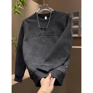 Autumn Winter New Fleece Pullover Steel Print Letter Gradient Top Men's Long Sleeve Casual Pure Cotton Sweatshirt Grey Hoodie