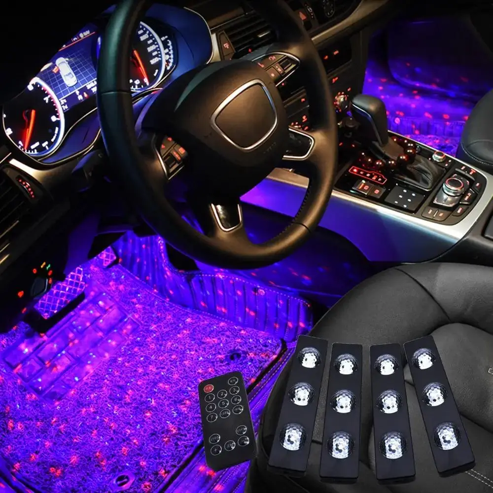 Car USB Foot Full Earth Star LED Ambient Light with Remote Control, 1 Set Car Interior Seven Colors Sound Control Star Atmosphere Light, Decorative Li