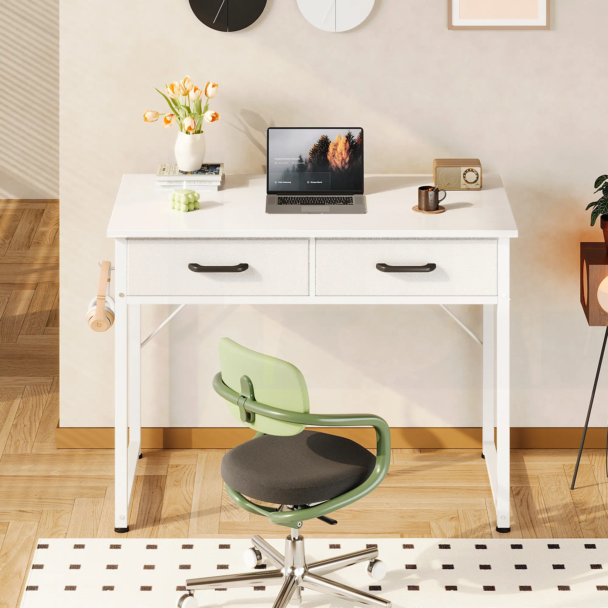 32 Inch White Writing Desk with 2 Fabric Drawers, Compact Computer Table for Small Spaces, Home Office, Bedroom, or Study Room