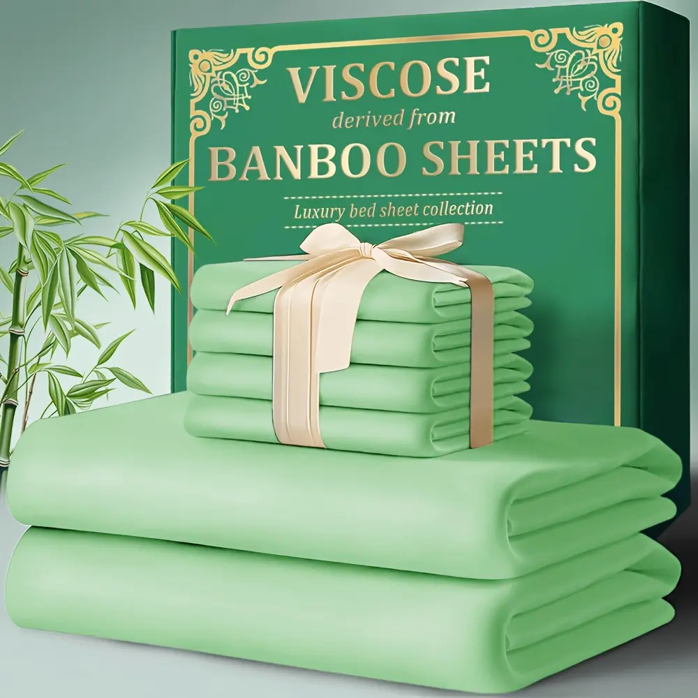 Bamboo Bed Sheets 4-Piece Set - 2200 TC Cooling Fabric, Elastic Fitted Sheet with 18"-24" Deep Pocket, Breathable, Smooth, Ultra-Soft, Anti-Shrink, Fade Resistant for Hot Sleepers