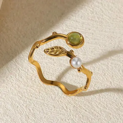 Vintage Cat Eye Stone Artificial Pearl Leaf Open Adjustable Stainless Steel Ring for Women, Elegant Daily Wear Jewelry, Imitation Pearl Ring