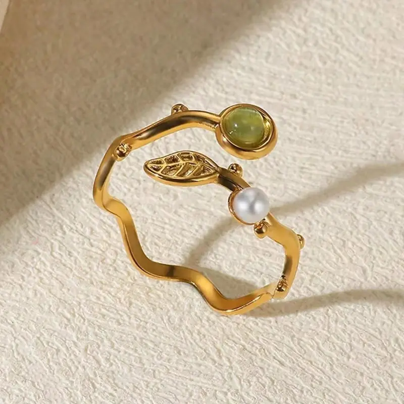 Vintage Cat Eye Stone Artificial Pearl Leaf Open Adjustable Stainless Steel Ring for Women, Elegant Daily Wear Jewelry, Imitation Pearl Ring