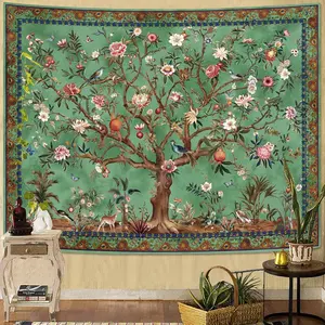 Faxdong Boho Tree of LIfe Tapestry, Vintage Flower Leaves Birds Plant Animal Pattern Tapestries, Retro Indian Bohemian Aesthetic Wall Hanging Green 44×60 inch