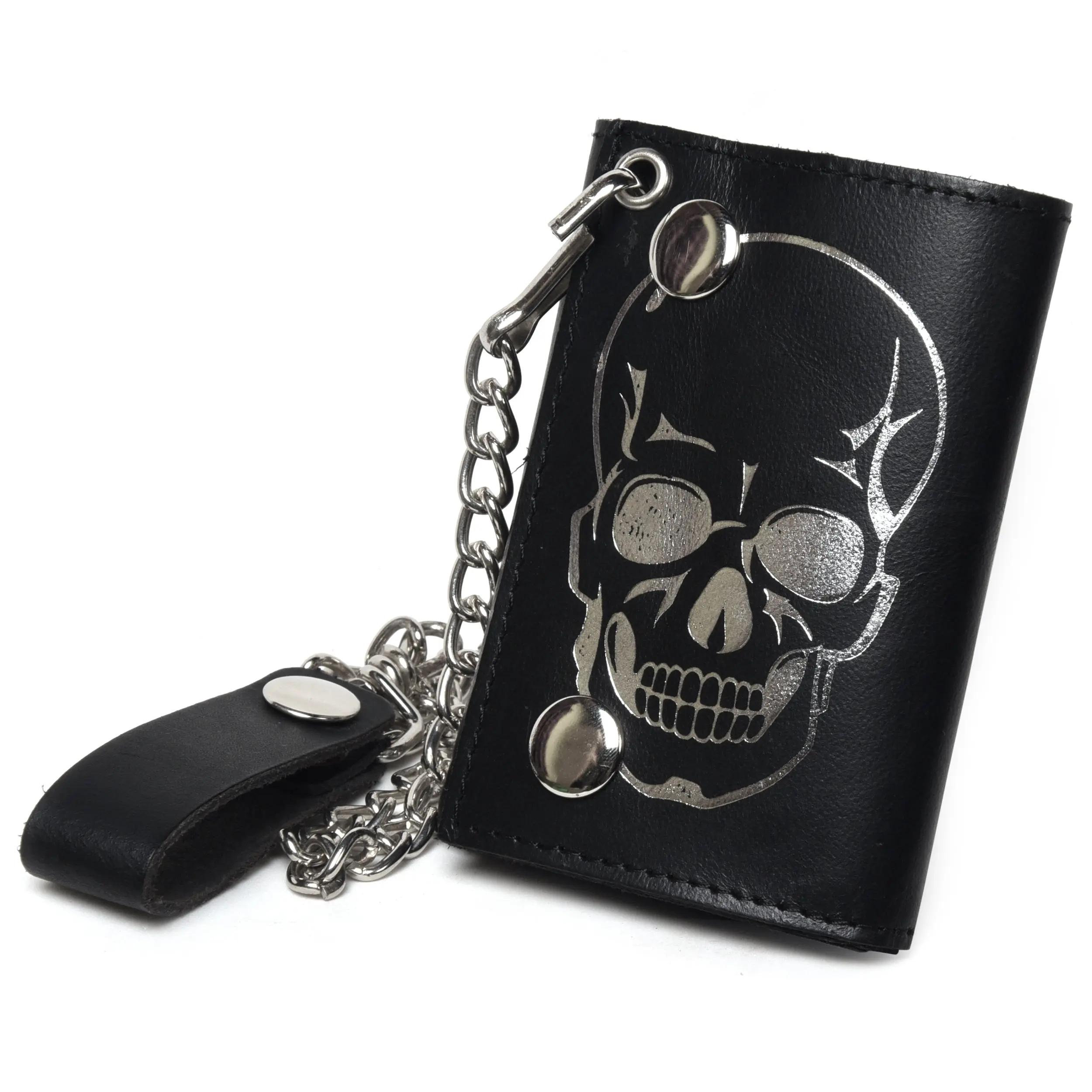 Leatherboss Genuine Leather Skull Print Trifold Mens Wallet on Chain, Biker Skull Men's Wallet
