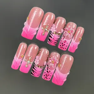 TK47 Blossom Pink Press on Nails | 100% 3D Handmade Acrylic | Long Square | Reusable& Long lasting Salon Quality | Elegant Daily & Daily Wear