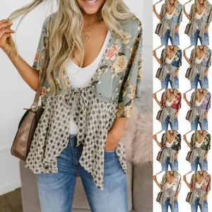 Women's Goranbon Floral Boho Patchwork Kimono Cover-Up, Ruffle Short-Sleeve Lightweight Chiffon Cardigan