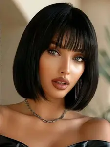 10 Inch Straight Bob Human Hair Wig With Neat Bangs,Ready-To-Wear Glueless Wig For Women Daily or Party use