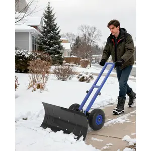 Garvee Snow Shovel with Wheels, Heavy Duty Snow Pusher, Angled Blade for Driveway and Doorway
