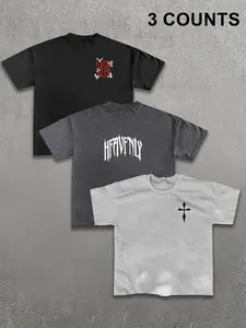 Men's Plain / Letter Print Round Neck Tee, Street Fashion Short Sleeve Crewneck T-shirt for Daily Wear, Casual Comfy Top for Summer, Casual Streetwear Top