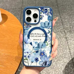 MagSafe-Ready Magnetic Floral TPU Smartphone Casing for iPhone 11/12/13/14/15/16/17 Pro Max, Shock-Resistant, Anti-Fall, Ultra-Thin Blue Aesthetic Accessory for Handheld Devices’ Everyday Protection