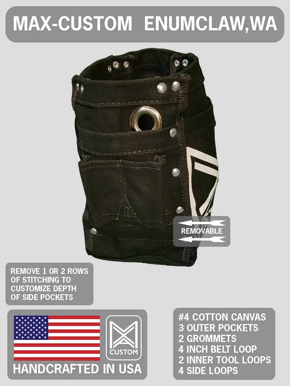 Max-Custom Bolt Storage Bag - Tool Organizer for Ironworkers, Logo-Ready with Pocket, Belt Loop, 2 Inner Tool Loops, 9x6 in Dimensions, Customized Gifts Option