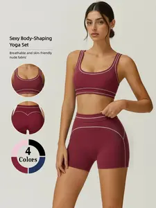 Women's Sporty Two-Piece Set, High Waist Fitted Yoga Pants & Bra, Breathable Fabric, Ideal for All Seasons, Perfect for Daily Wear, Sports Set
