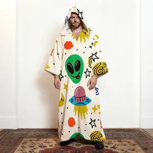 Men's Casual Plush Hooded Alien Fun Print Long Sleeve Kaftan Robe, UFO Space Graphic Flannel Loungewear, Soft Brushed Cotton Open Front Home Robe with Hood, Novelty Sleepwear for Men