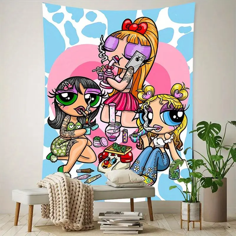 Chic Cartoon Woman Smoking Polyester Wall Tapestry - Durable, Multiple Sizes, Whimsical Home Decor, Cool Aesthetic Wall Decor, Room Decorations for Bedroom & Home Office
