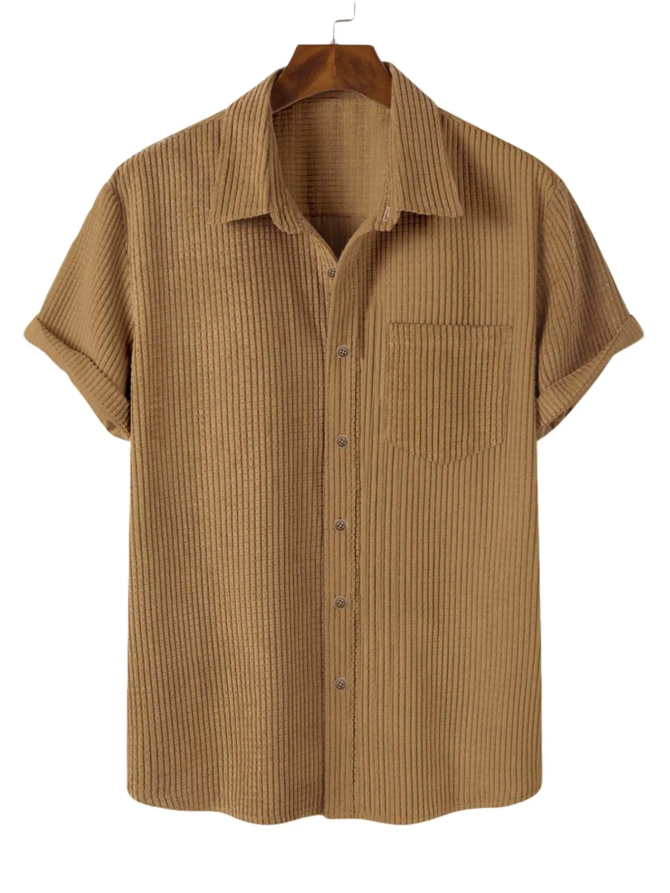 Men's Solid Color Pocket Button Front Neckline Corduroy Shirt, Regular Fit Casual Button Collared Short Sleeve Collar Shirt for Spring & Fall, Menswear for Daily Wear