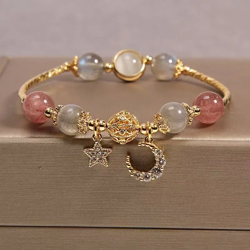 Dainty Moonstone & Strawberry Quartz Bracelet