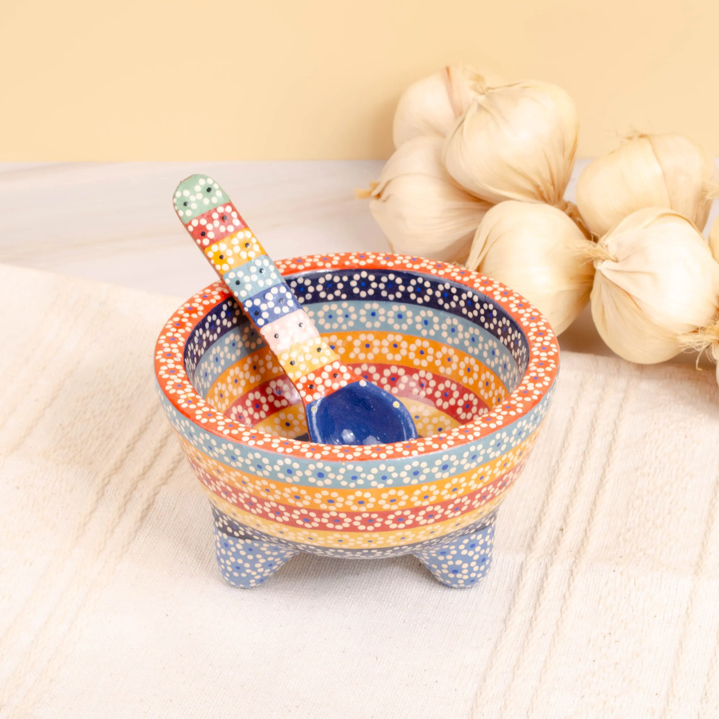 Artisans' Handmade Ceramic Clay Molcajete Bowl and Spoon Set, Small Capula Kitchen Tableware for Dipping, Serving Salsa, Ceramic Bowl