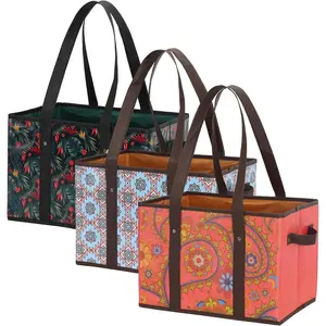 3-Pack Non-Woven Reusable Grocery Bags, Eco-Conscious Lightweight Shopping Bag Carrier with Large Box Shape, Rigid Base, Reinforced Bottom, Metal Rivets, Handles for Home Supplies Storage, Produce & Shopping Basket Use, Grocery Bag Carrier