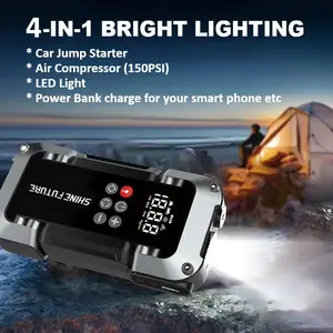 4000mAh Peak Ultra-Safe Jump Starter – Starts all 12V battery vehicles. Features 150 PSI air compressor, 18W fast charging, tire pressure check, and LED light. Includes jumper cables, air hose, and 4-in-1 charging cable