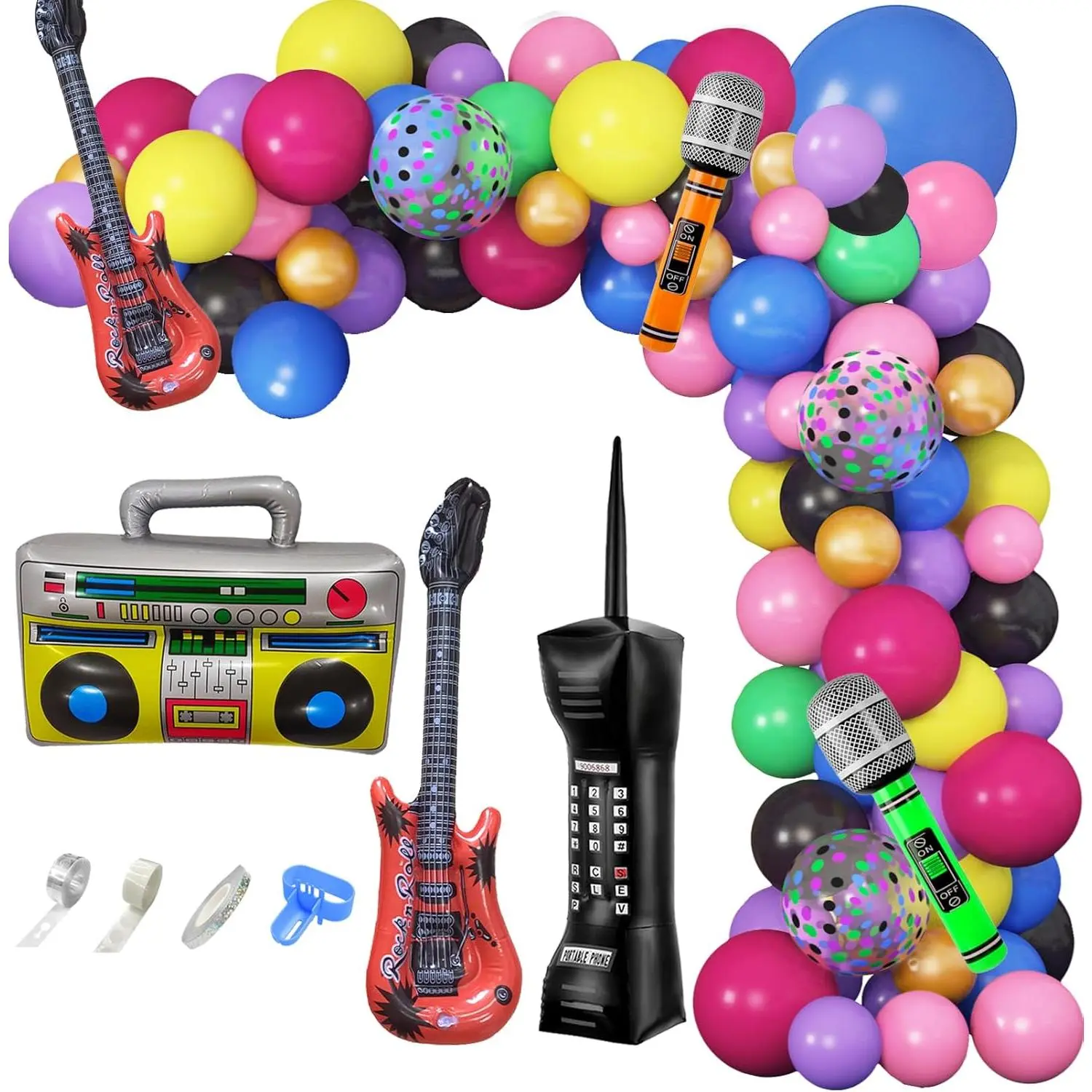 Retro 70s-80s-90s Party Theme Decorations Balloon Garland Kit (90pcs) - 6pcs Musical Inflatables (Disco Ball, Radio Boom Box, Mobile Phone, Guitar, Microphone), Playful Confetti, Ribbon for Rock Hip Hop Birthday Supplies, Backdrop Decor, 10"Black