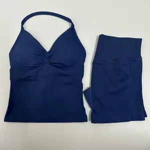 dfyne workout sets No Logo2Pcs Gym Set Women Backless Tank Tops High Waist Scrunch Seamless Shorts Gym Suit Fitness Clothes Activewear Workout Set Tight Sports Textured Sweatsuit