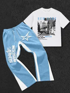 This men's two-piece Graphic printed athletic Sportswear Activewear outfit set includes a crew-neck short-sleeved T-shirt and slim-fit trousers, suitable for everyday wear and all seasons.