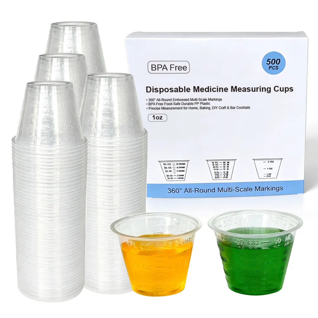 Disposable Medicine Measuring Cups, 500-Piece 1oz (30ml) BPA-Free Small Plastic Cups with 360° Graduated Embossed Marks, Box-Included for Bar & Home Medical Use, Resin Epoxy Mixing, Ideal for Commercial Studios, Diy Craft