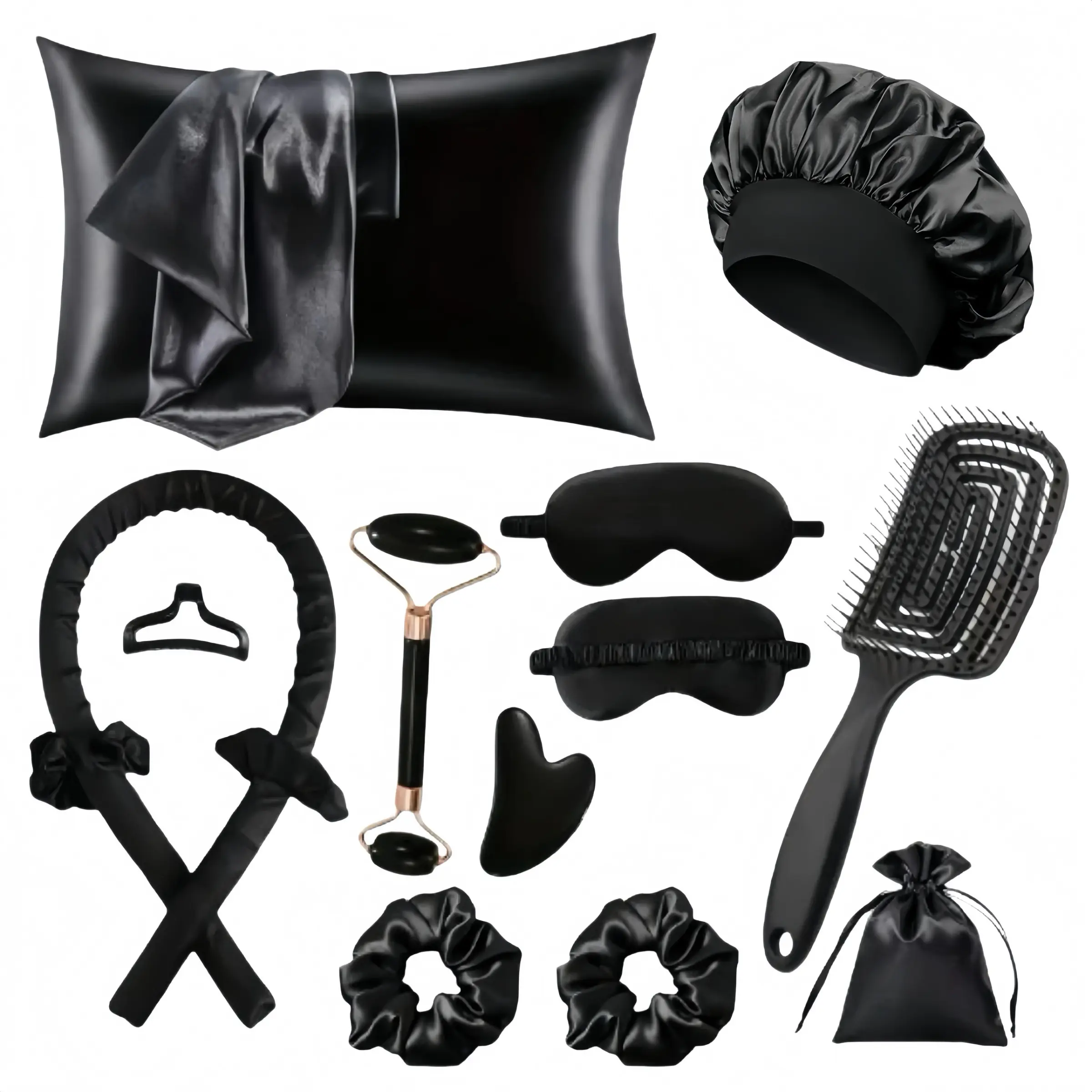 13-Piece Sleep Hair Care Set, Satin Pillowcase, Satin Hair Bonnet, Eye Mask, Heatless Curling Rod, Heatless Curler, Hair Ties, Facial Roller, Scraping Board, Spa Gift Set, Hair Styling Tools, Heatless Curls Overnight