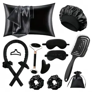 13-Piece Sleep Hair Care Set, Satin Pillowcase, Satin Hair Bonnet, Eye Mask, Heatless Curling Rod, Heatless Curler, Hair Ties, Facial Roller, Scraping Board, Spa Gift Set, Hair Styling Tools