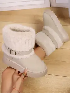 Women's Fleece Lined Cotton Boots, Warm Snow Booties, Winter Booties, Casual Mid-Calf Round Toe, Rubber Sole, Spring & Fall Fashion Shoes