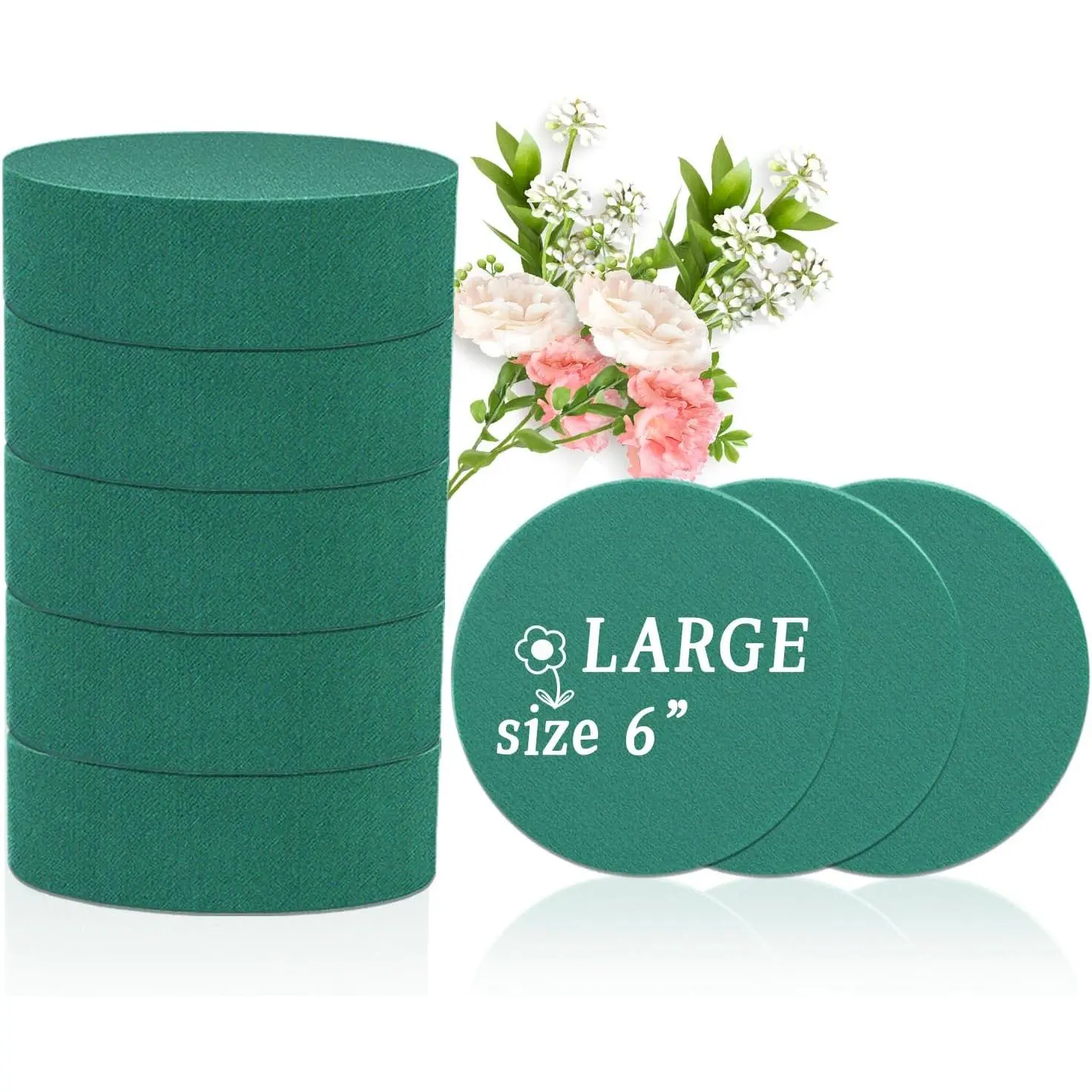 6" Large Round Green Wet Dry Floral Foams - 8-Count Sponge Blocks, Water Absorbent for DIY Craft Decor, Floristry, Artificial Flower Arrangements