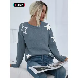 Women's Star Print Drop Shoulder Sweater, Casual Long Sleeve Round Neck Jumper for Fall & Winter, Fashion Ladies' Knitwear for Daily Wear