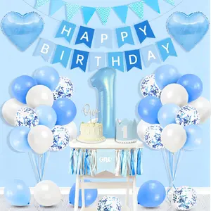 First Birthday Decorations for Boy, 1st Birthday Decorations Boy with High Chair Banner, Number 1 Balloon Cake Topper Crown Banner For Baby First Birthdays Decoration