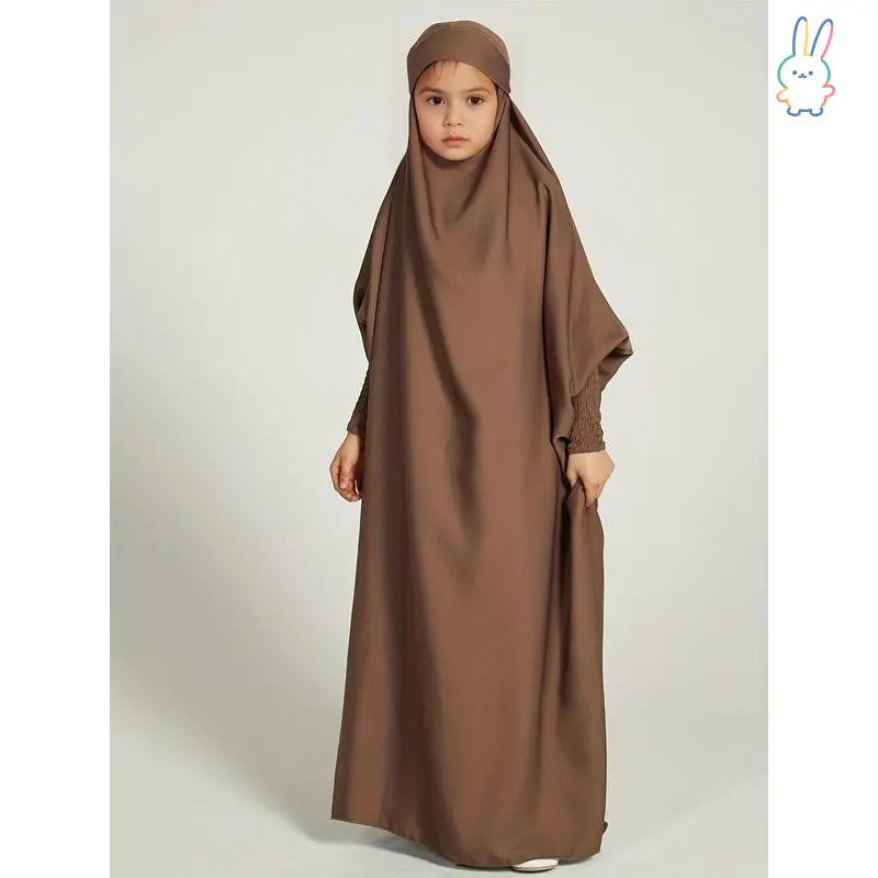 Girls' Plain Woven Abaya with Hooded Neckline - Modest Loose-Fitting Shirred Batwing Sleeve Dress for Spring & Fall, Easy Maintenance, Ages 5-14, 5 To 14, Muslim Girls