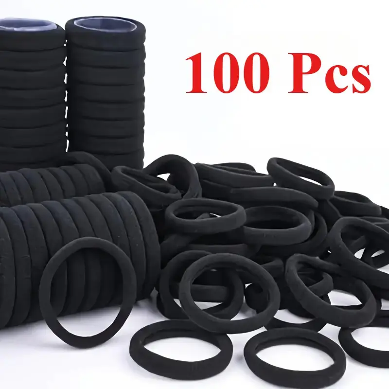 Pack of 100 black no-crease hair ties—thick, soft fabric that doesn’t leave pressure marks, highly elastic and non-slip ponytail holders suitable for thick or thin hair, damage-free hair bands ideal for women and girls’ everyday use.