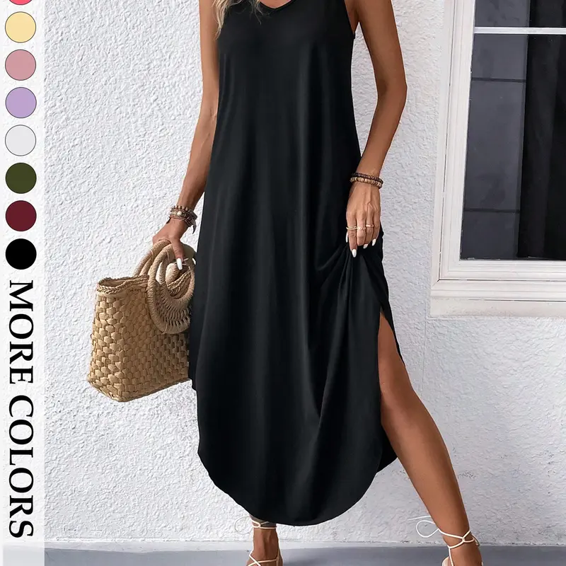 Women's Casual High Stretch Knitted Maxi Dress Tummy Control Beach Vacation Halter V-Neck Side Slit Flowy Loose Fit Solid Color Sleeveless Summer Swimwear Cover Up Lounge Daily Boho Fashion Plus Size Friendly