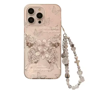Double Layer Dreamy Rose Butterfly iPhone 15 Chain Case 17 Pro Max Compatible 16 Apple 14 Phone Case 11 Fairy Design with Elegant Beaded Strap