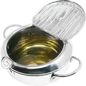 Tempura Deep Frying Pot 3.4L, 304 Stainless Steel Deep Fryer pot with Fahrenheit  and Oil Draining Rack for Tempura chips, Fish, and Chicken
