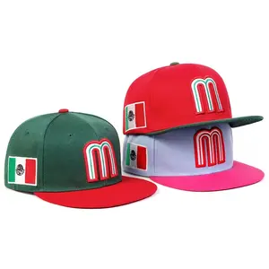 Embroidered M Mexico Flag Snapback Hat Adjustable Flat Brim Cap, Trendy Unisex Baseball Streetwear Style, Great Patriotic Gift for Him & Her