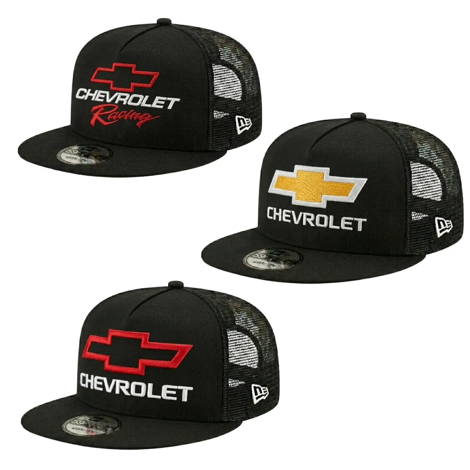 Automotive Racing Logo Style Trucker Hat, Red Gold and White Motor Graphic Snapback Cap with Bold Classic Car Inspired Artwork, Black Mesh Back Adjustable Baseball Hat for Men Women Kids, Streetwear Workwear Outdoor Driving Gift
