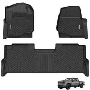 GARVEE Custom Fit Black TPE All-Weather Floor Mats Compatible with 2017-2025 Ford F-250 / F-350 Super Duty Crew Cab, Front & Rear Row Set with Fold Flat Storage
