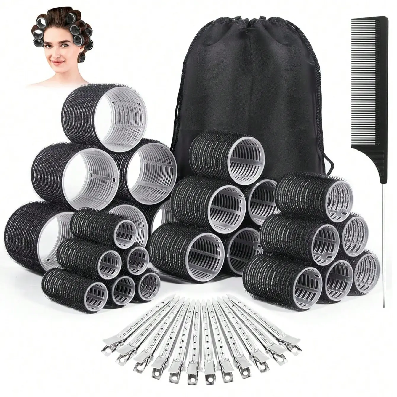 38pcs Hair Rollers Hair Curlers, Heatless Hair Curler, Hair Curling Tool, Black Rollers, Curlers for Long Hair Thick, Jumbo Large Medium Small Rollers Set, Stainless Steel Clips and Storage Bag, Hair Styling Kit, Hair Tools