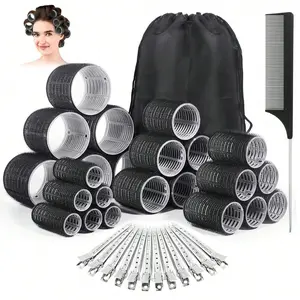 38pcs Hair Rollers Hair Curlers, Hair Curling Tool, Black Rollers, Curlers for Long Hair Thick, Jumbo Large Medium Small Rollers Set, Stainless Steel Clips and Storage Bag, Hair Styling Kit