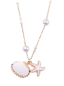 Elegant Beach Style Faux Pearl Beaded Chain Necklace with Natural Shell Lucky Starfish Pendant for Women, Fashion Jewelry Accessory, Dainty Pearl Necklace, Trendy Necklace