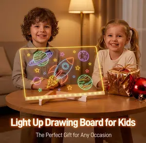 Kids LED Drawing Board - Acrylic Light-Up Doodle Board with Stand, 7 Color Adjustable Brightness Eye Protection Light, Eco-Friendly Reusable Board with Markers & Wipes, Learning Tool for Kids, Birthday & Holiday Gift for Children