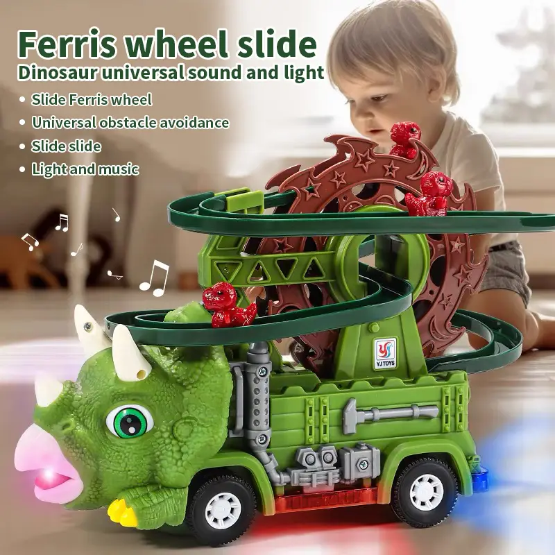 Electric Crawling Toy with LED Lights & Music Universal Dinosaur Triceratops Ferris Wheel Rail Car Slide Electric Assembling Toddler Toys for Interact