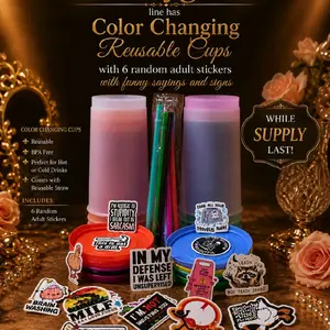Colorful Reusable Water Bottles - Thermochromic Tumbler, Washable Drinkware with Sticker Accents Color-Changing